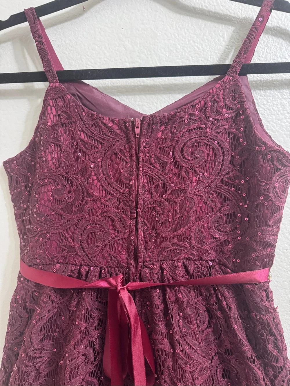 Rare Editions- Girls Lace Sequined High-Low Dress with Jeweled Waist in Burgundy